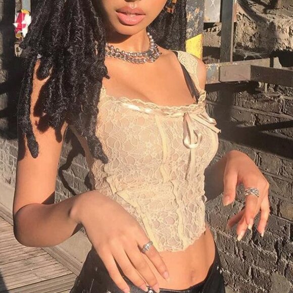 Tops - ✨ NEW Y2K Lace Mesh Corset Top  Beige